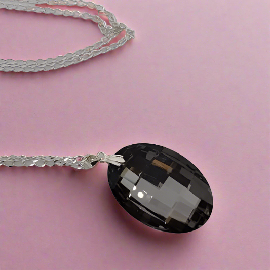 Black Oval Pendant Crystal Necklace - Crystal Flower