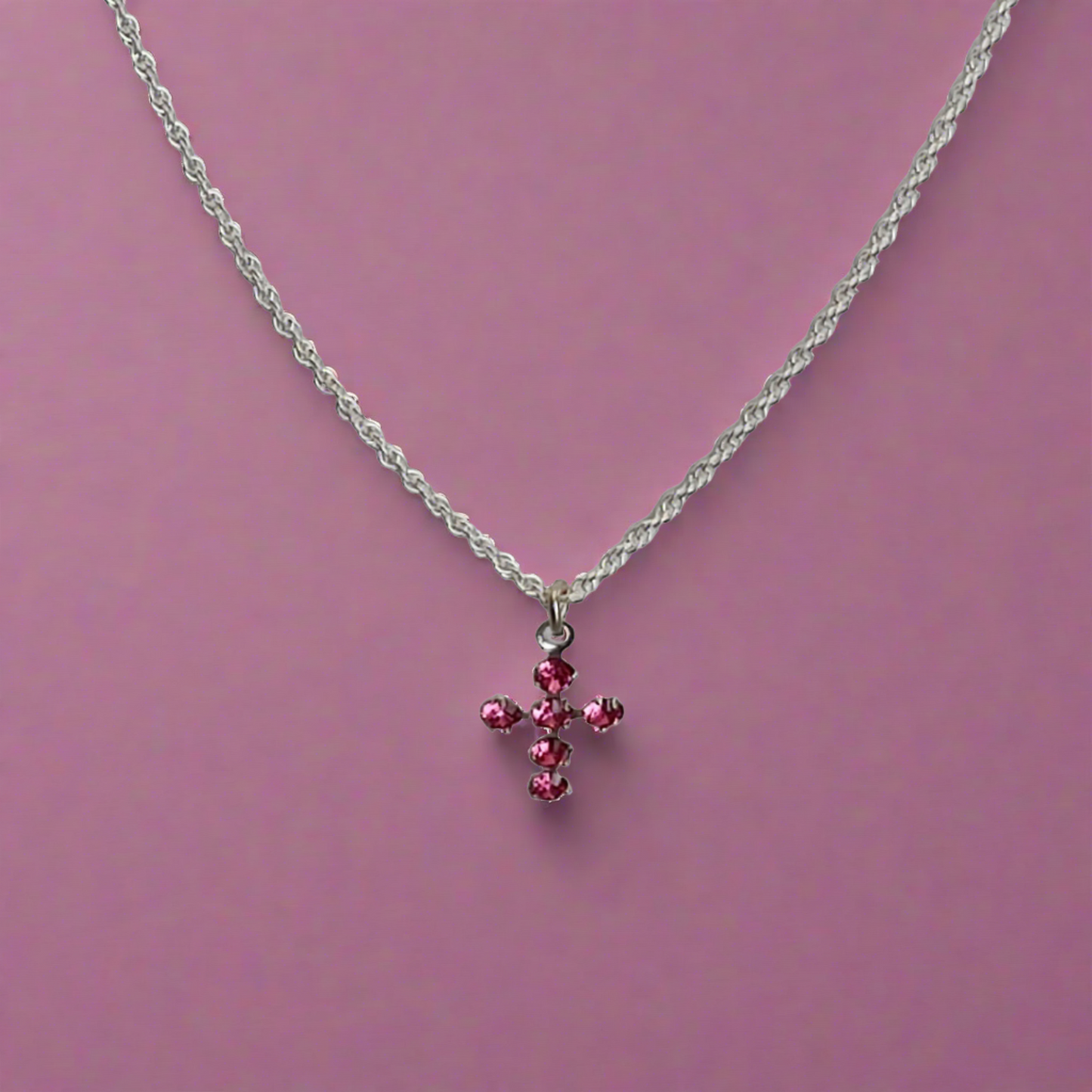 Pretty Crystal Pink Cross Necklace - Crystal Flower