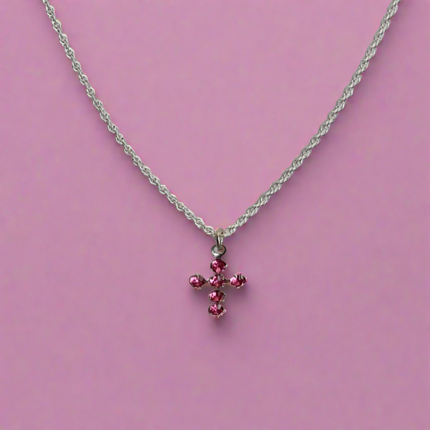 Pretty Crystal Pink Cross Necklace - Crystal Flower