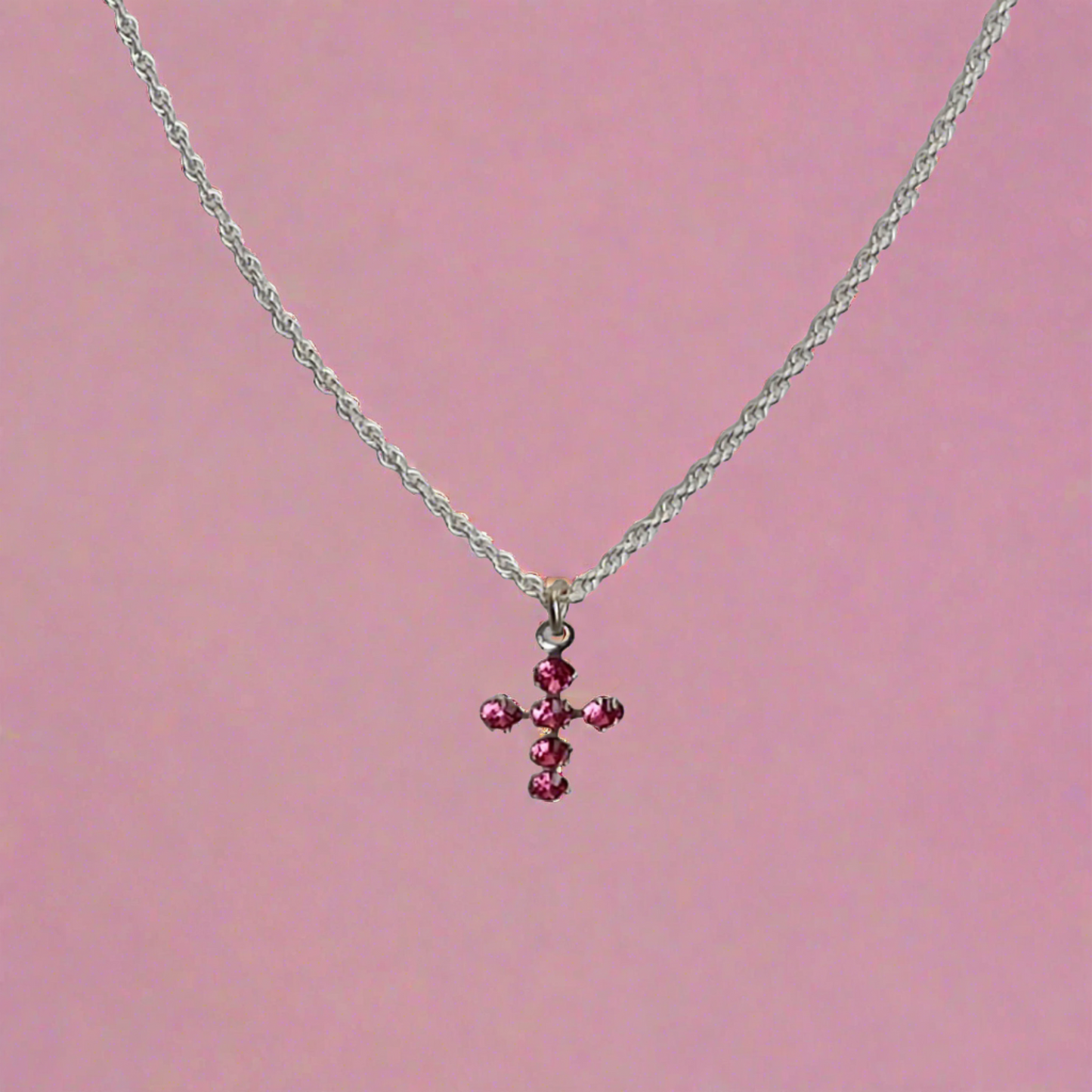 Pretty Crystal Pink Cross Necklace - Crystal Flower