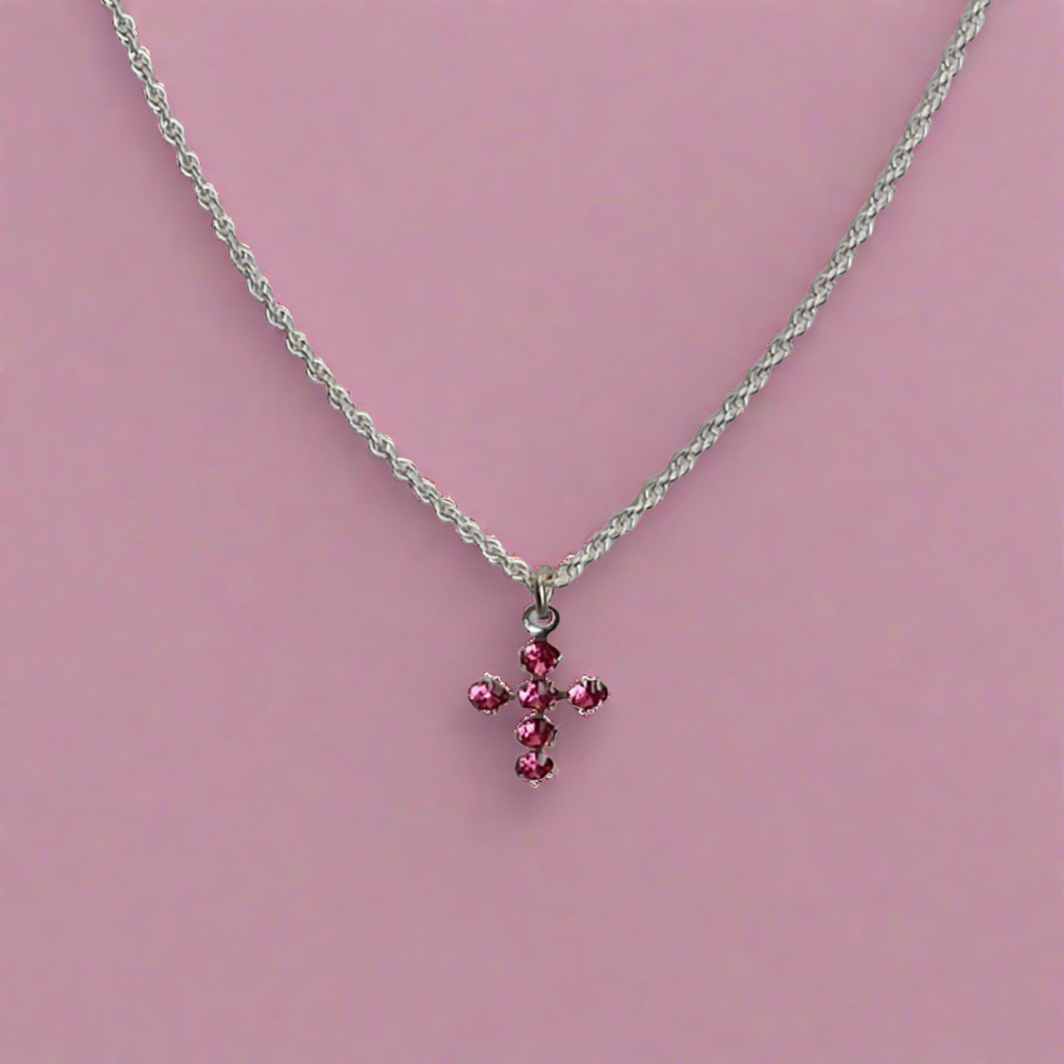 Pretty Crystal Pink Cross Necklace - Crystal Flower