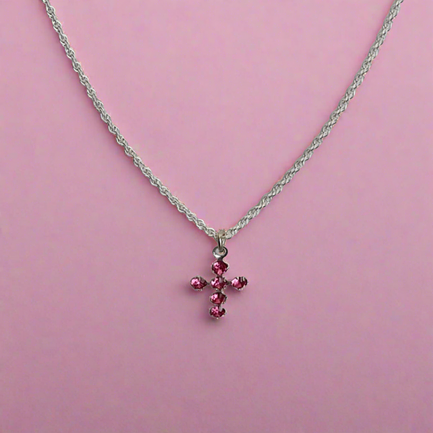 Pretty Crystal Pink Cross Necklace - Crystal Flower