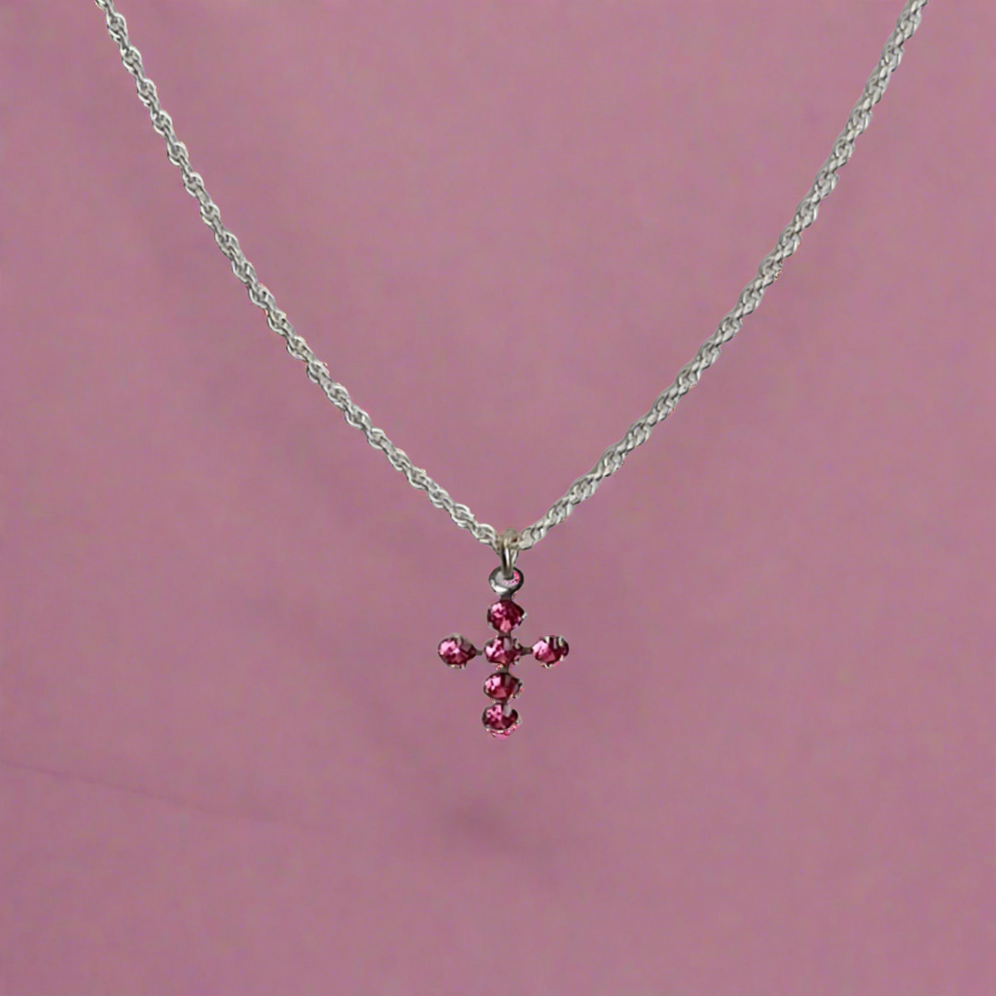 Pretty Crystal Pink Cross Necklace - Crystal Flower