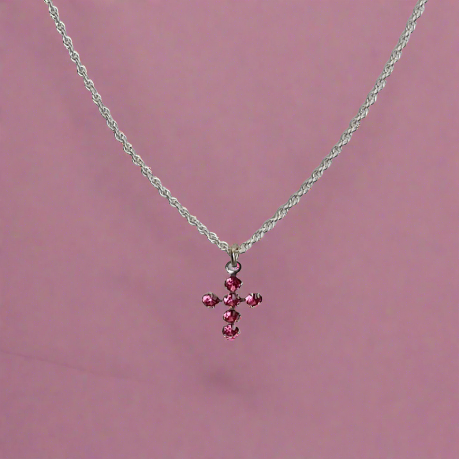 Pretty Crystal Pink Cross Necklace - Crystal Flower