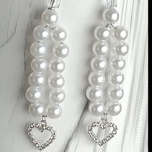Faux Pearl Crystal Heart Earrings - Crystal Flower