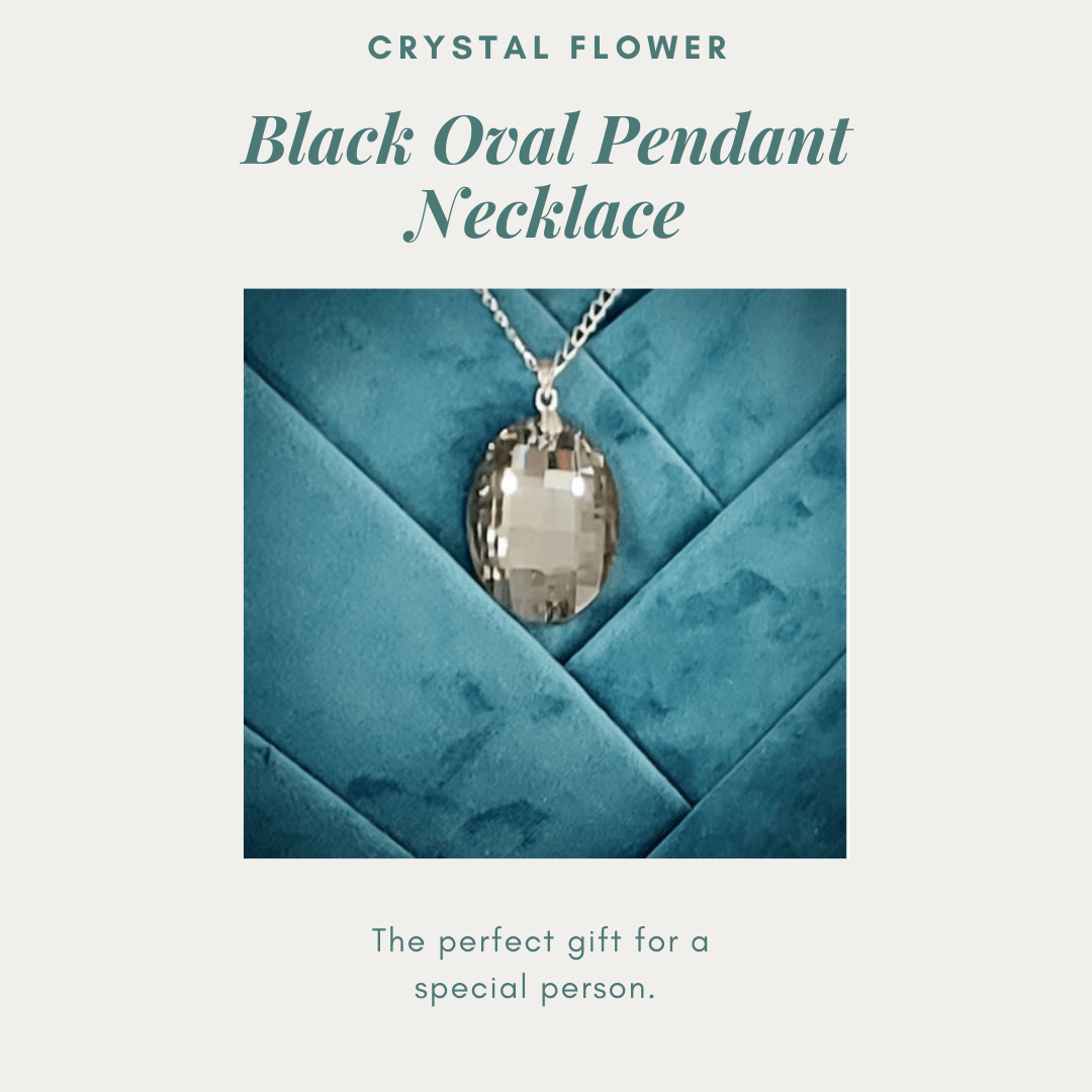 Black Oval Pendant Crystal Necklace - Crystal Flower